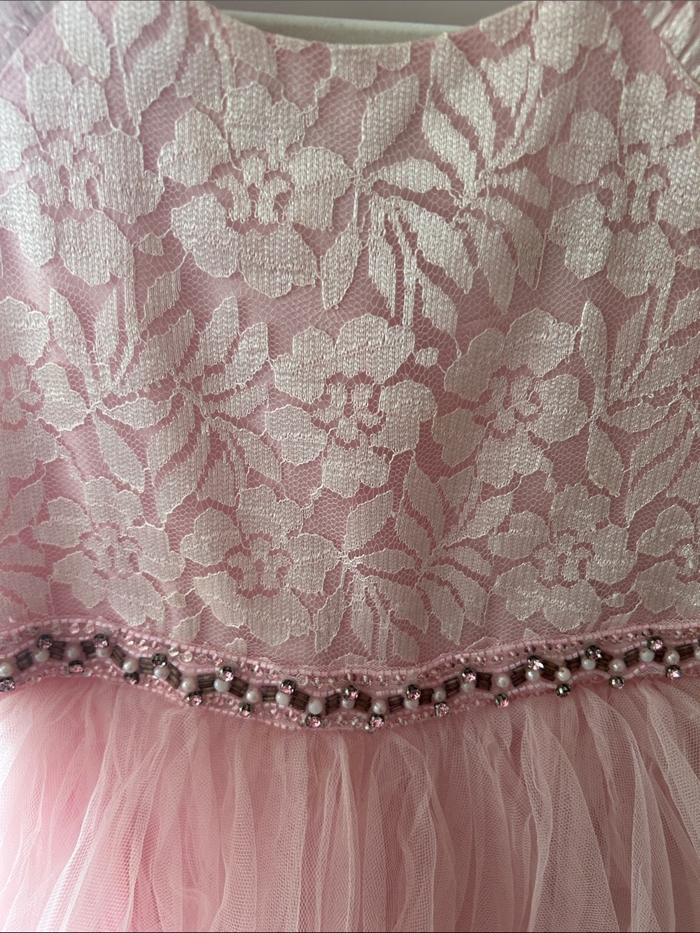 Girls Pink Lace Bodice Tulle Party Dress with Beaded Waist - Picture 2 of 3